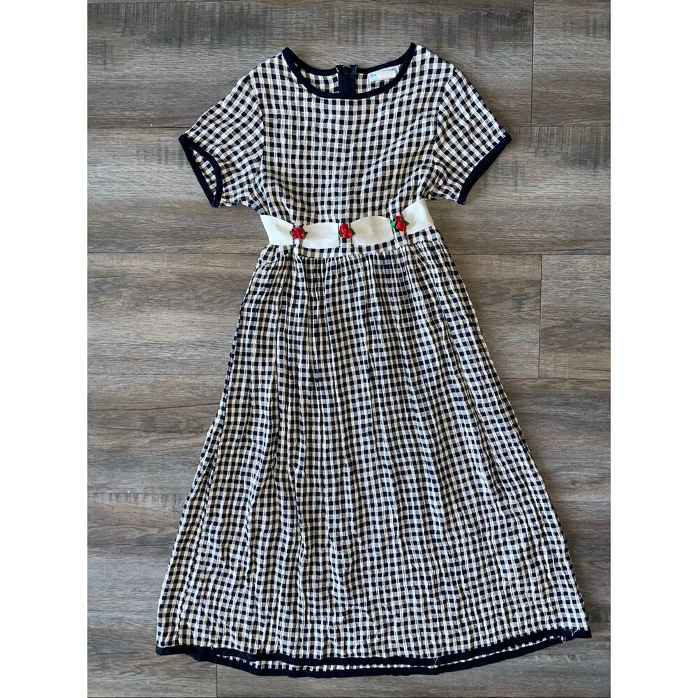 Rare Editions vintage black/white gingham dress rose detail ribbon waist tie siz